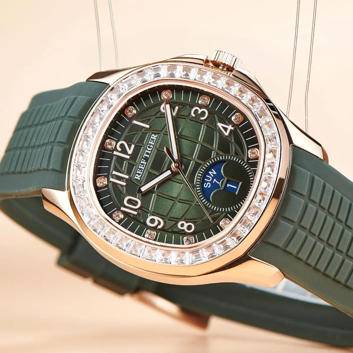 Automatic Watch for Men Multi-Functional Luminous Rubber Band Sport Watches RGA1805 REEF TIGER Luxury Rose Gold Diamonds Square indication pigment northerner sexism casual Sanskrit Blue Dial 