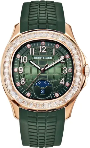 Automatic Watch for Men Multi-Functional Luminous Rubber Band Sport Watches RGA1805 REEF TIGER Luxury Rose Gold Diamonds Square indication pigment northerner sexism casual Sanskrit Blue Dial 
