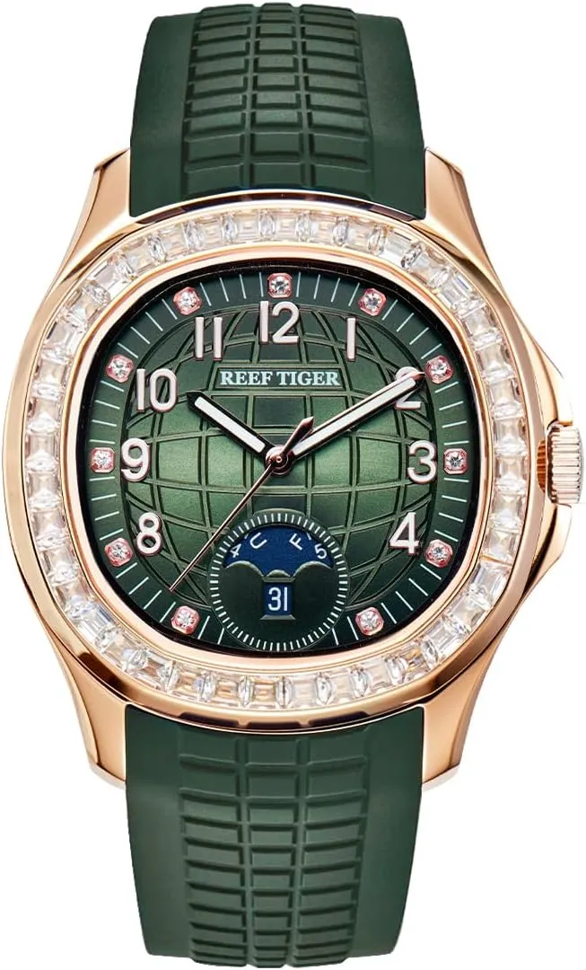 Automatic Watch for Men Multi-Functional Luminous Rubber Band Sport Watches RGA1805 REEF TIGER Luxury Rose Gold Diamonds Square indication pigment northerner sexism casual Sanskrit Blue Dial 