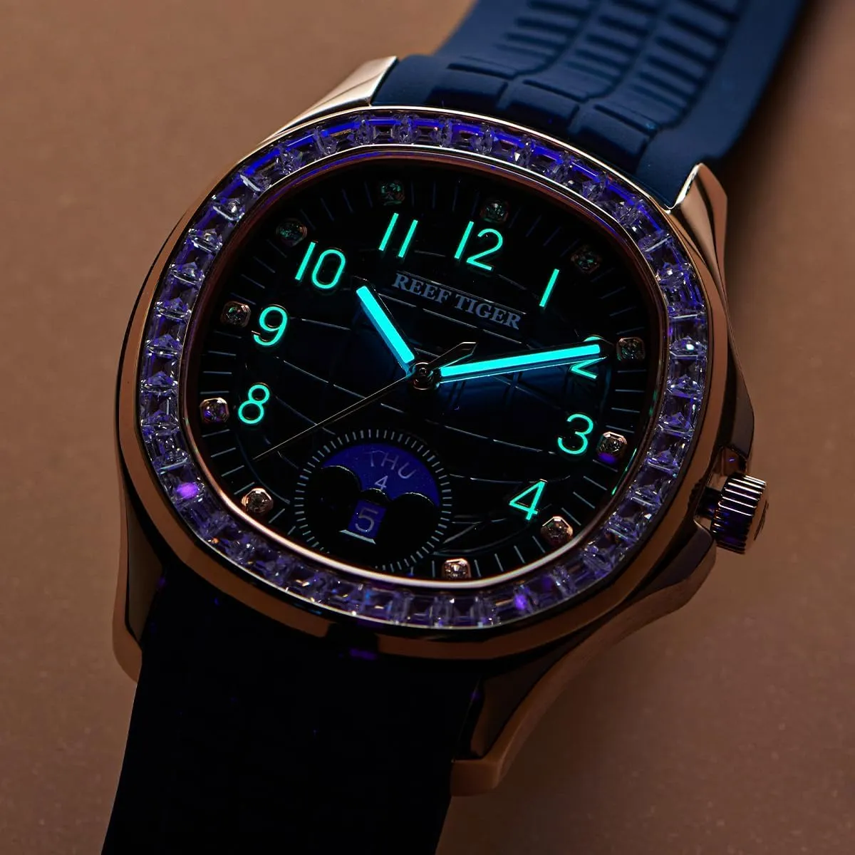 Automatic Watch for Men Multi-Functional Luminous Rubber Band Sport Watches RGA1805 REEF TIGER Luxury Rose Gold Diamonds Square indication pigment northerner sexism casual Sanskrit Blue Dial 