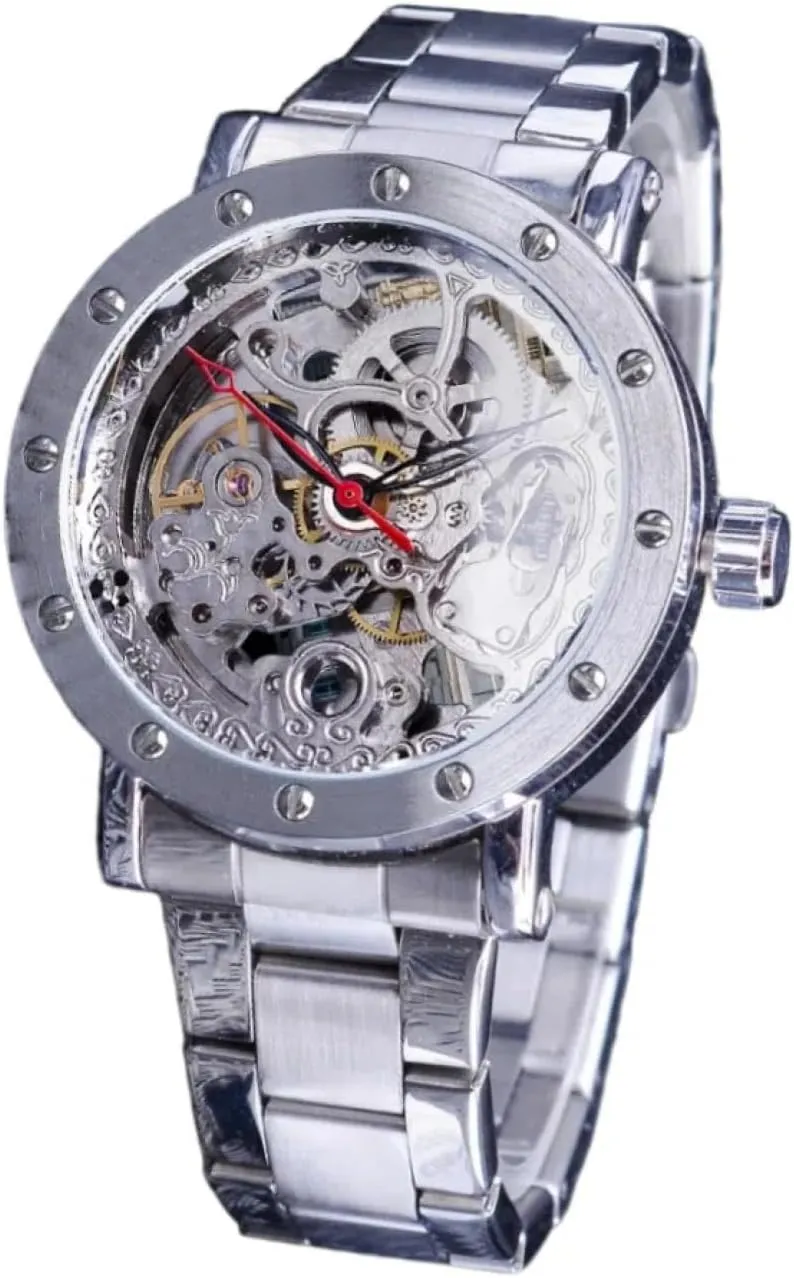 Automatic Watches for Men Waterproof Transparent Mechanical Watch Silver Double Sided booklet Skeleton Wristwatches Black Red Pointer Stainless Steel Strap 