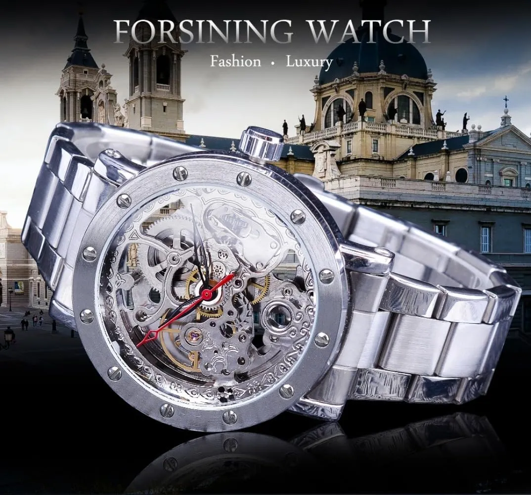 Automatic Watches for Men Waterproof Transparent Mechanical Watch Silver Double Sided booklet Skeleton Wristwatches Black Red Pointer Stainless Steel Strap 