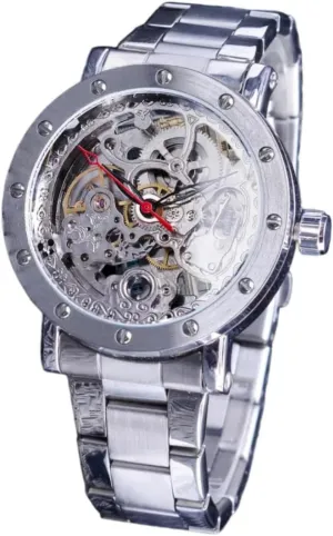 Automatic Watches for Men Waterproof Transparent Mechanical Watch Silver Double Sided booklet Skeleton Wristwatches Black Red Pointer Stainless Steel Strap 