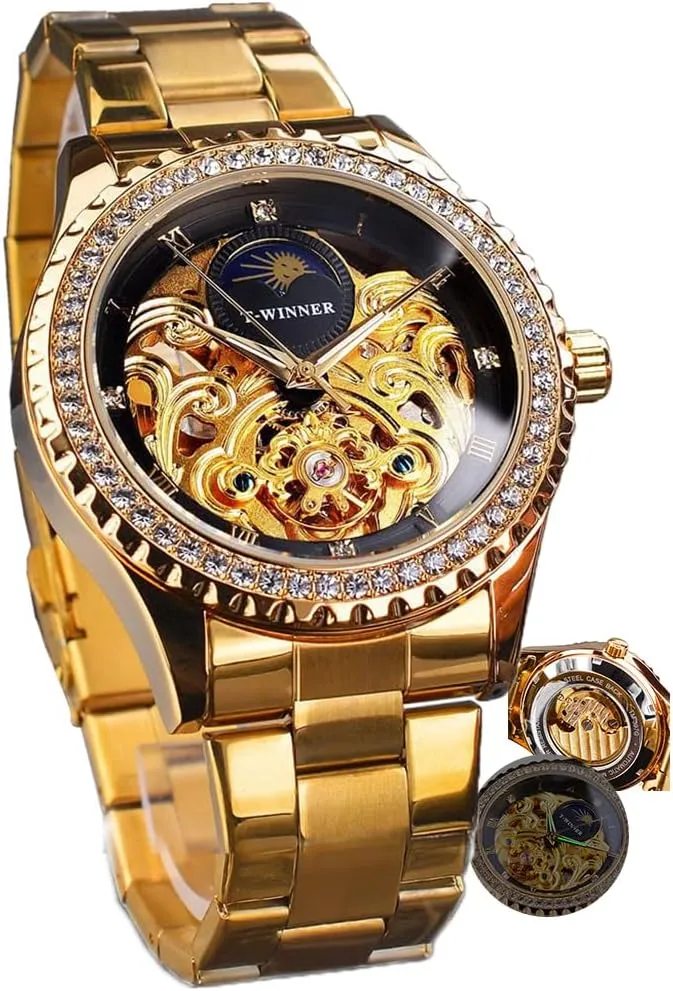 Automatic Wristwatches Steel Strap Gold Skeleton Watch for Men Mechanical Mens Watches Diamond pity Bezel Design Luxury 
