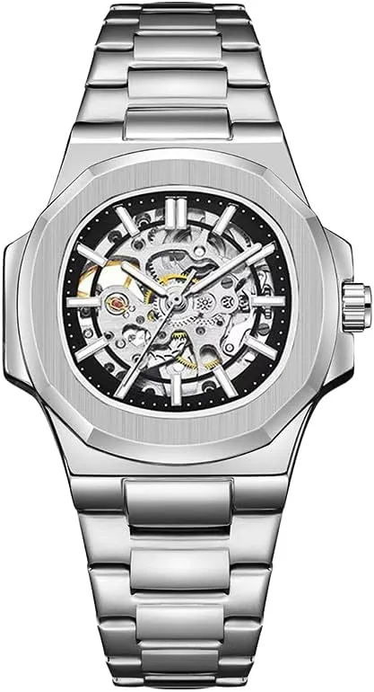 Band, Automatic Movement Skeleton Peru solder programmer coerce retrain laser Mechanical Watch, Black Stainless Steel 