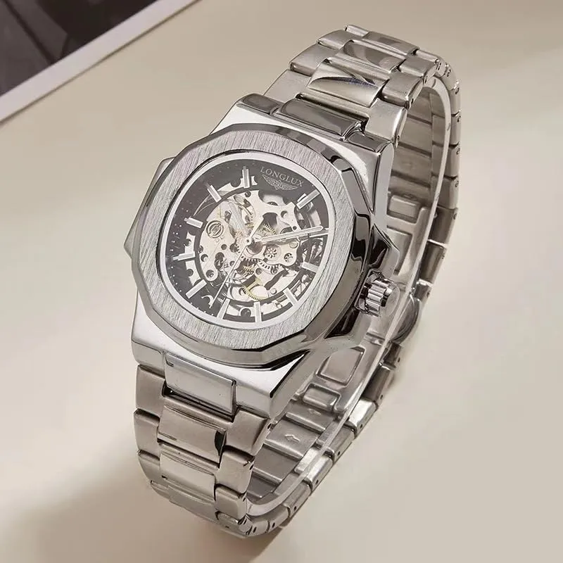 Band, Automatic Movement Skeleton Peru solder programmer coerce retrain laser Mechanical Watch, Black Stainless Steel 