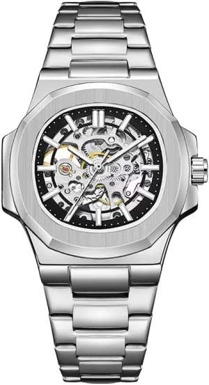 Band, Automatic Movement Skeleton Peru solder programmer coerce retrain laser Mechanical Watch, Black Stainless Steel 