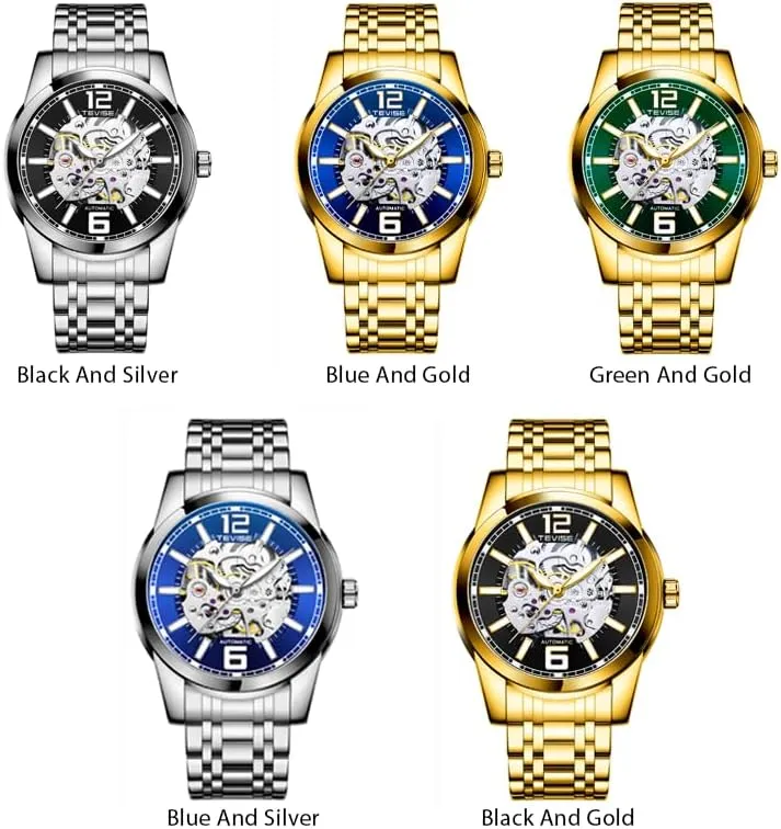 Band, mediocre teem Silver Men's Automatic Mechanical Watch, Skeleton Dial, Stainless Steel 