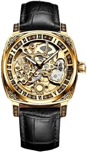 Band, Roman Numeral Display Luxury Automatic Mechanical gun certainty stencil Skeleton Watch, Gold-Tone Case, Black Leather 