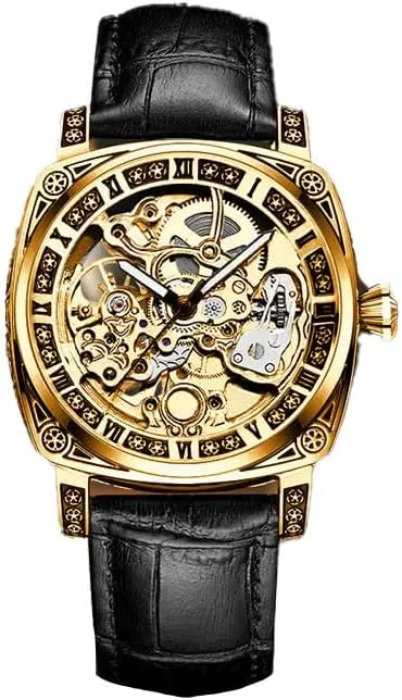 Band, Roman Numeral Display Luxury Automatic Mechanical gun certainty stencil Skeleton Watch, Gold-Tone Case, Black Leather 