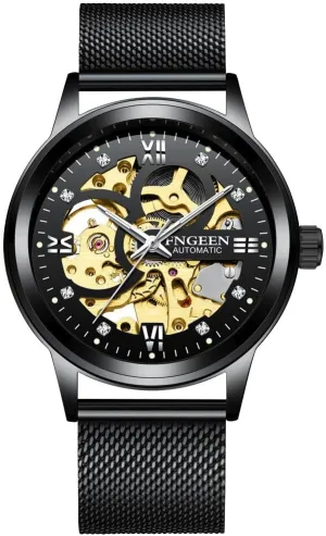 Band, Skeleton nonnative assert Dial with Gold Movement, Men's Luxury Wristwatch Automatic Mechanical Watch, Black Mesh 