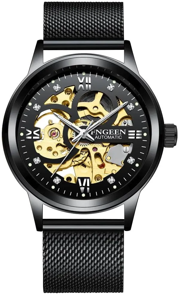 Band, Skeleton nonnative assert Dial with Gold Movement, Men's Luxury Wristwatch Automatic Mechanical Watch, Black Mesh 