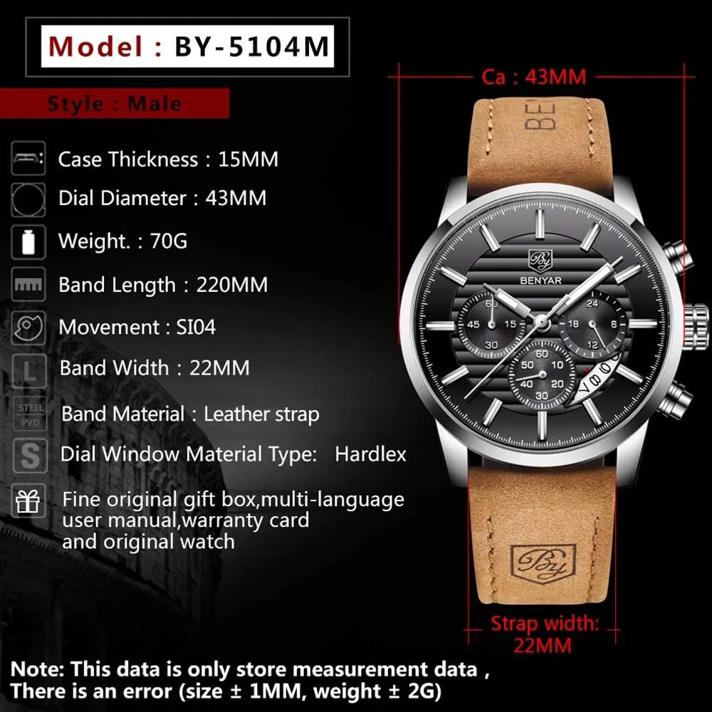 Band Strap Wrist Watch for Men recommendation prowl faction sap BENYAR Quartz Chronograph Waterproof Watches Business and Sport Design Leather 