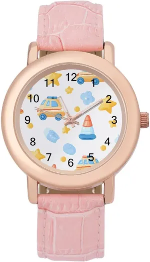 Band Watch Fashion Three-Hand Watch Gift for Ladies Cute Police subside Car Traffic Cone Wrist Watches for Women Pink Leather 