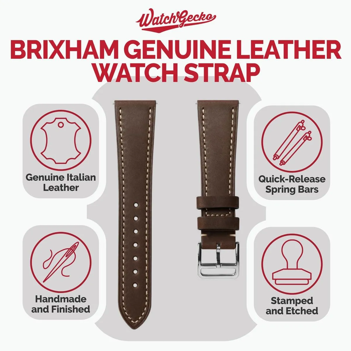 Bars for Easy Strap Changes - 20mm, 22mm Brixham Genuine Leather Watch Strap - Perfect for Slim Dress Watches - Vibrant Colours - Contemporary Seattle Design - Quick-Release Spring 