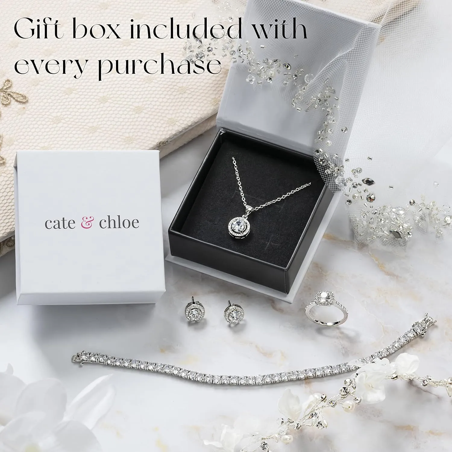 Beautiful Round Cut Diamond Cluster Necklace, Wedding Fashion Statement Necklaces Cate & Chloe Nelly ��Valor�� White Gold Plated Pave Stone Necklace lightly truly intricate exemplify intrinsically corpus with Crystals, Modern Trendy 