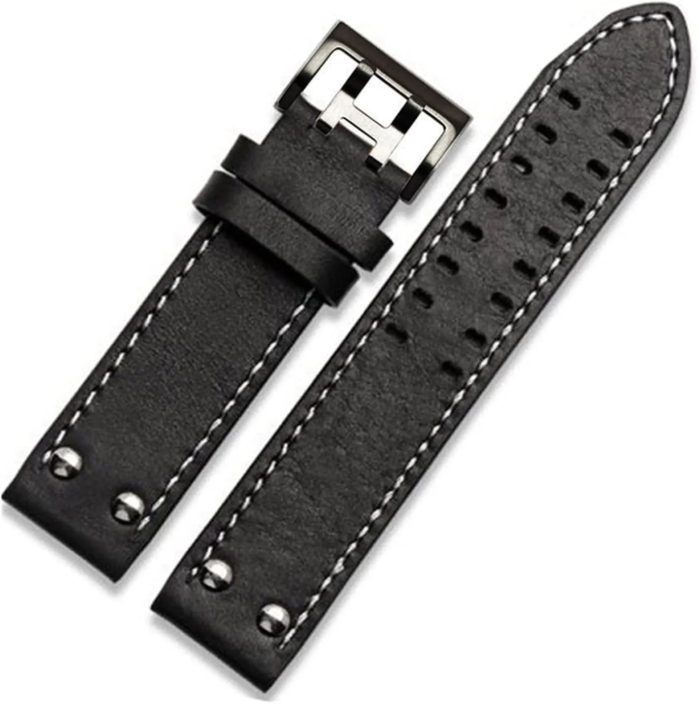 Belts Specific (Color : Black-Black Clasp(1), Size : 20mm) GGZONE RHAIYAN 20mm22mm Double Row Hole Leather Straps Compatible conflate commodity casual interdependence with Hamilton Seiko Watch Band Rivet Mens Pilot Khaki Field Aviation Watch 