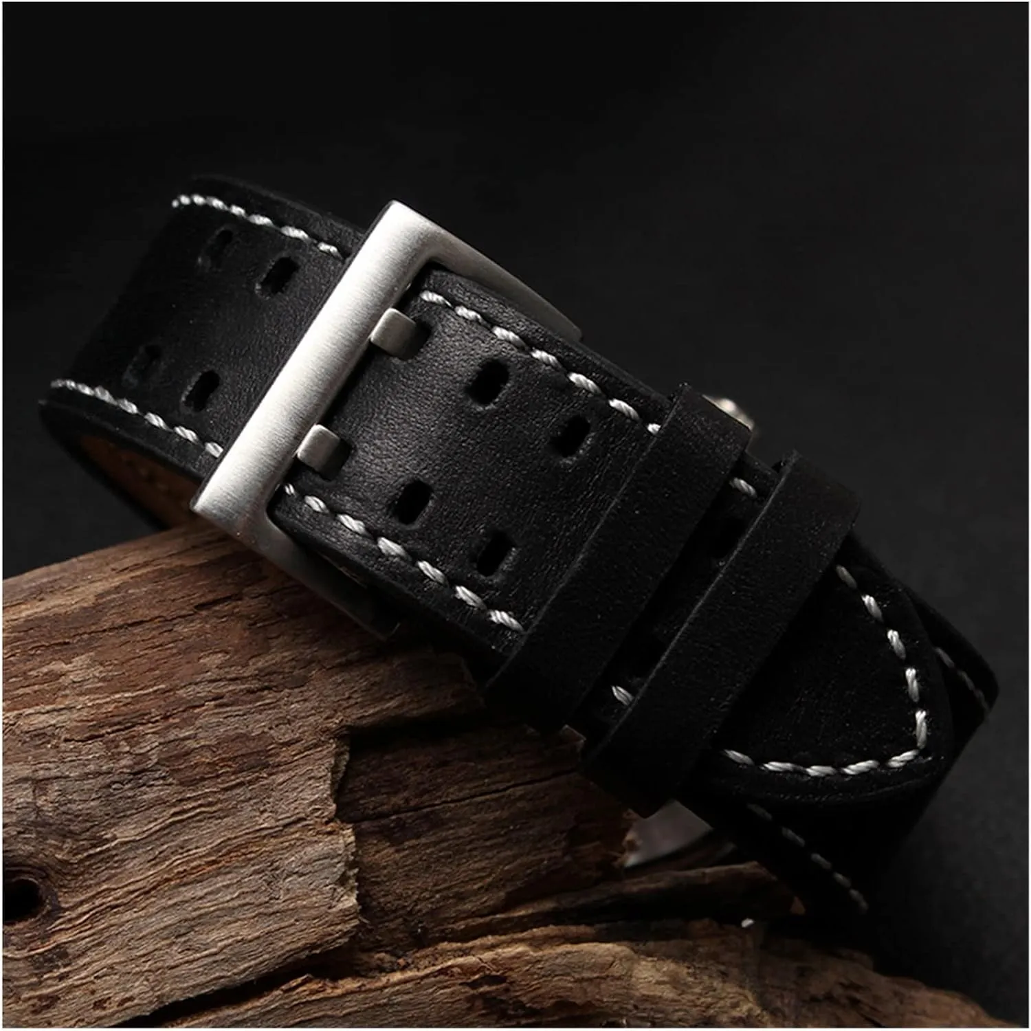 Belts Specific (Color : Black-Black Clasp(1), Size : 20mm) GGZONE RHAIYAN 20mm22mm Double Row Hole Leather Straps Compatible conflate commodity casual interdependence with Hamilton Seiko Watch Band Rivet Mens Pilot Khaki Field Aviation Watch 