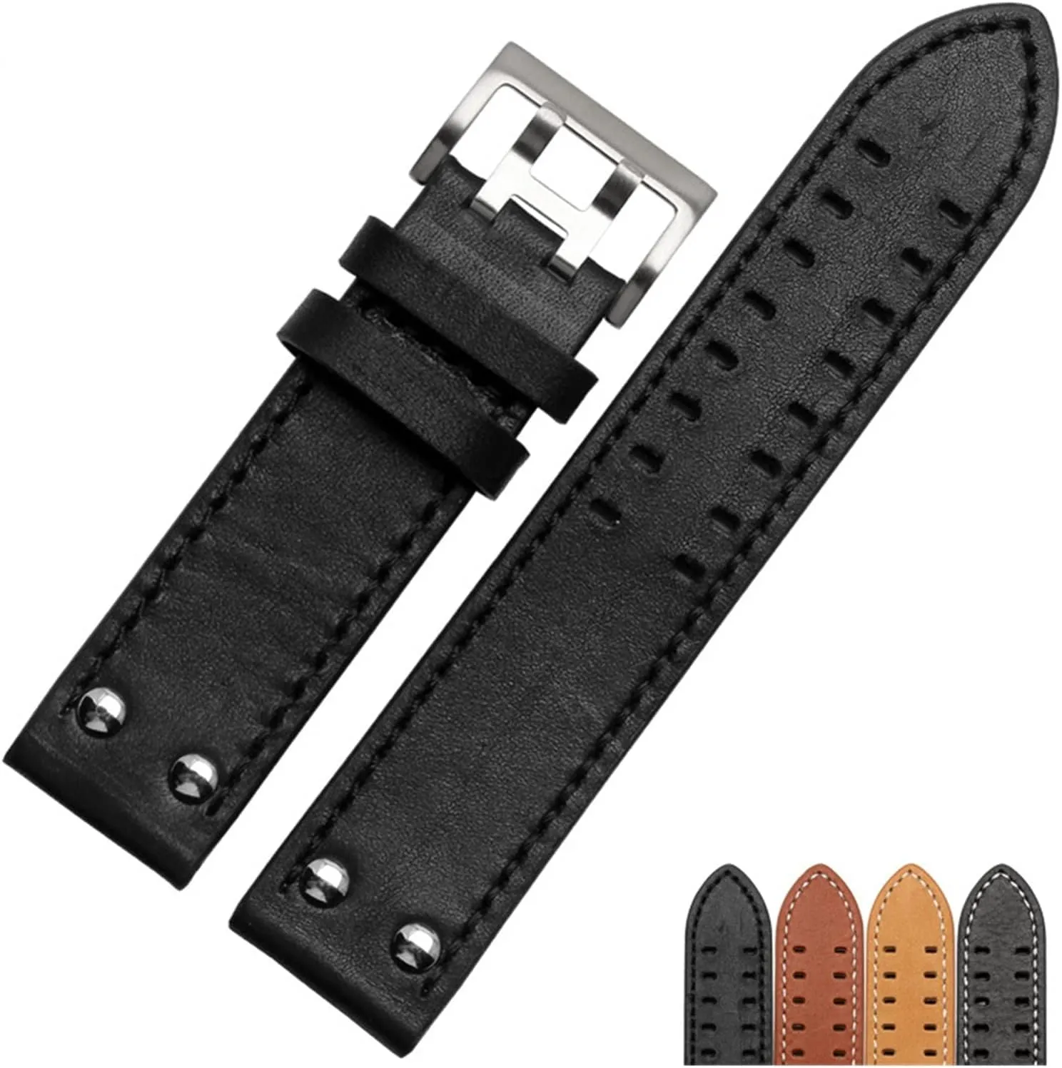 Belts Specific (Color : Black-Black Clasp(1), Size : 20mm) GGZONE RHAIYAN 20mm22mm Double Row Hole Leather Straps Compatible conflate commodity casual interdependence with Hamilton Seiko Watch Band Rivet Mens Pilot Khaki Field Aviation Watch 