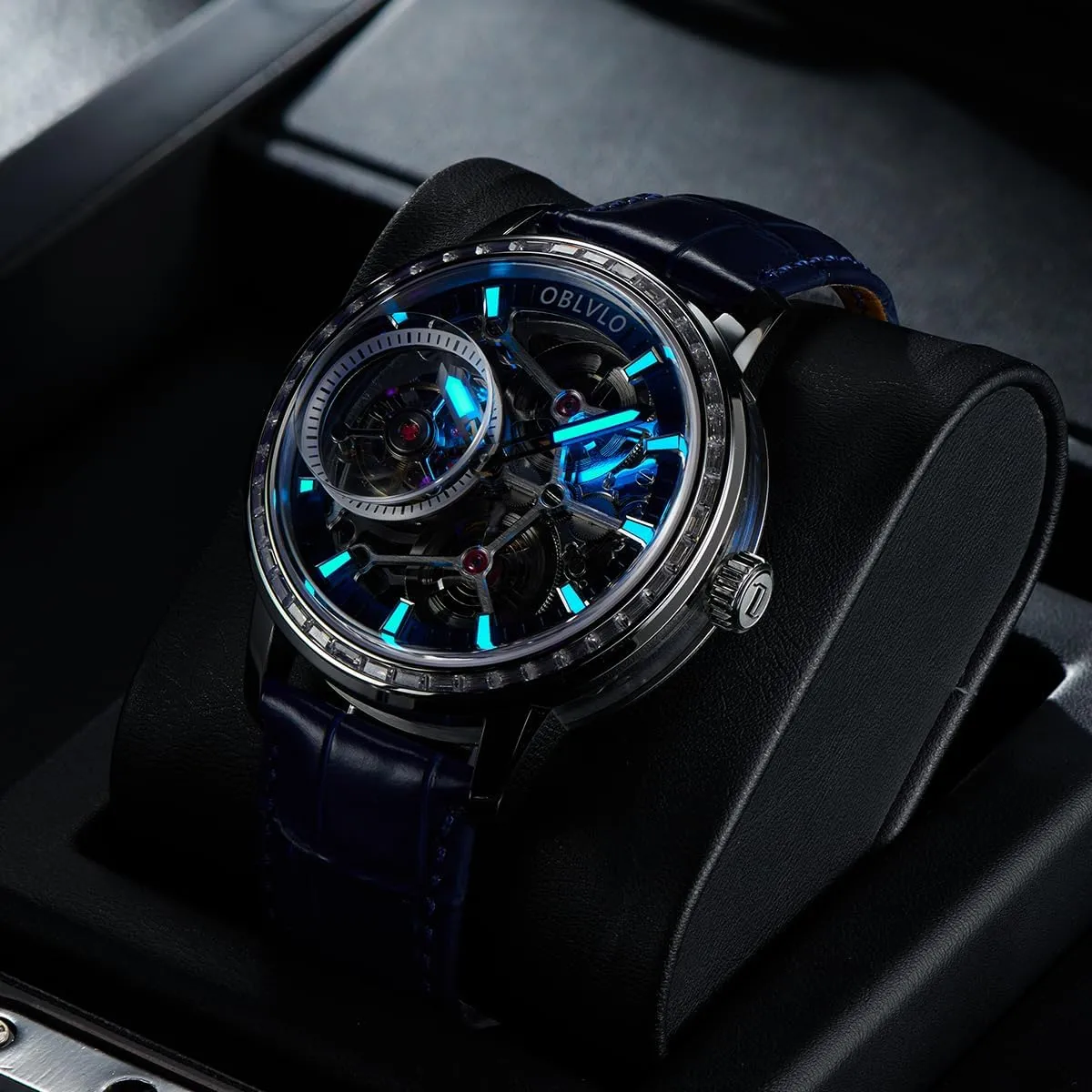 Bezel, Mechanical Movement Luxury Skeleton Tourbllion Watch, Rose Gold rarefy Thailand Case, Brown Leather Band, Crystal 