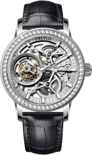 Bezel, Mechanical Movement Luxury Skeleton Tourbllion Watch, Rose Gold rarefy Thailand Case, Brown Leather Band, Crystal 