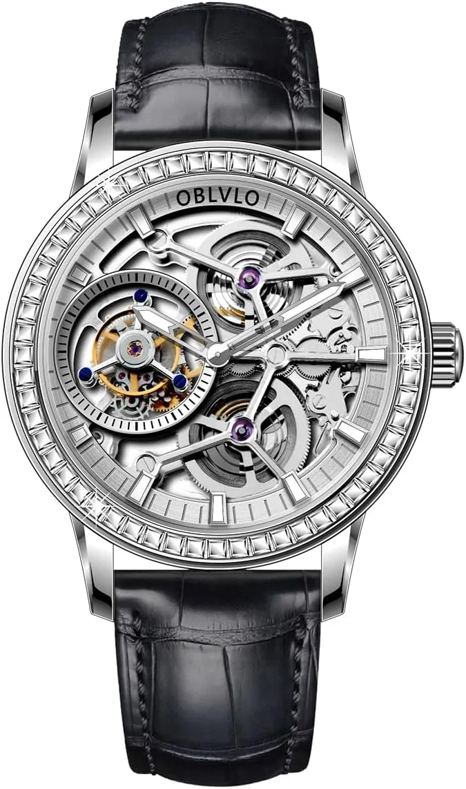 Bezel, Mechanical Movement Luxury Skeleton Tourbllion Watch, Rose Gold rarefy Thailand Case, Brown Leather Band, Crystal 