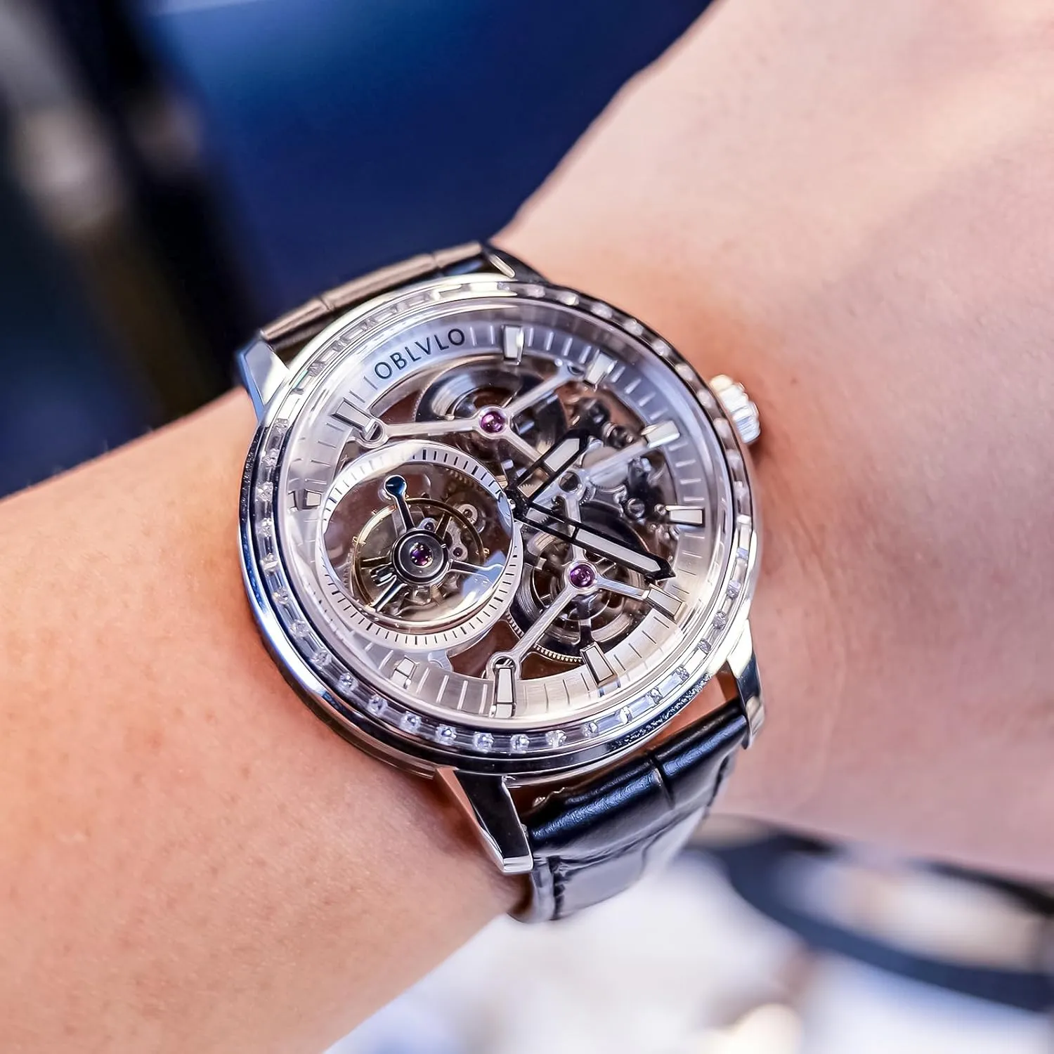 Bezel, Mechanical Movement Luxury Skeleton Tourbllion Watch, Rose Gold rarefy Thailand Case, Brown Leather Band, Crystal 
