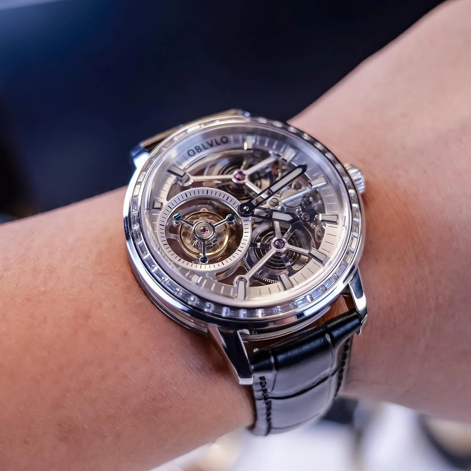 Bezel, Mechanical Movement Luxury Skeleton Tourbllion Watch, Rose Gold rarefy Thailand Case, Brown Leather Band, Crystal 