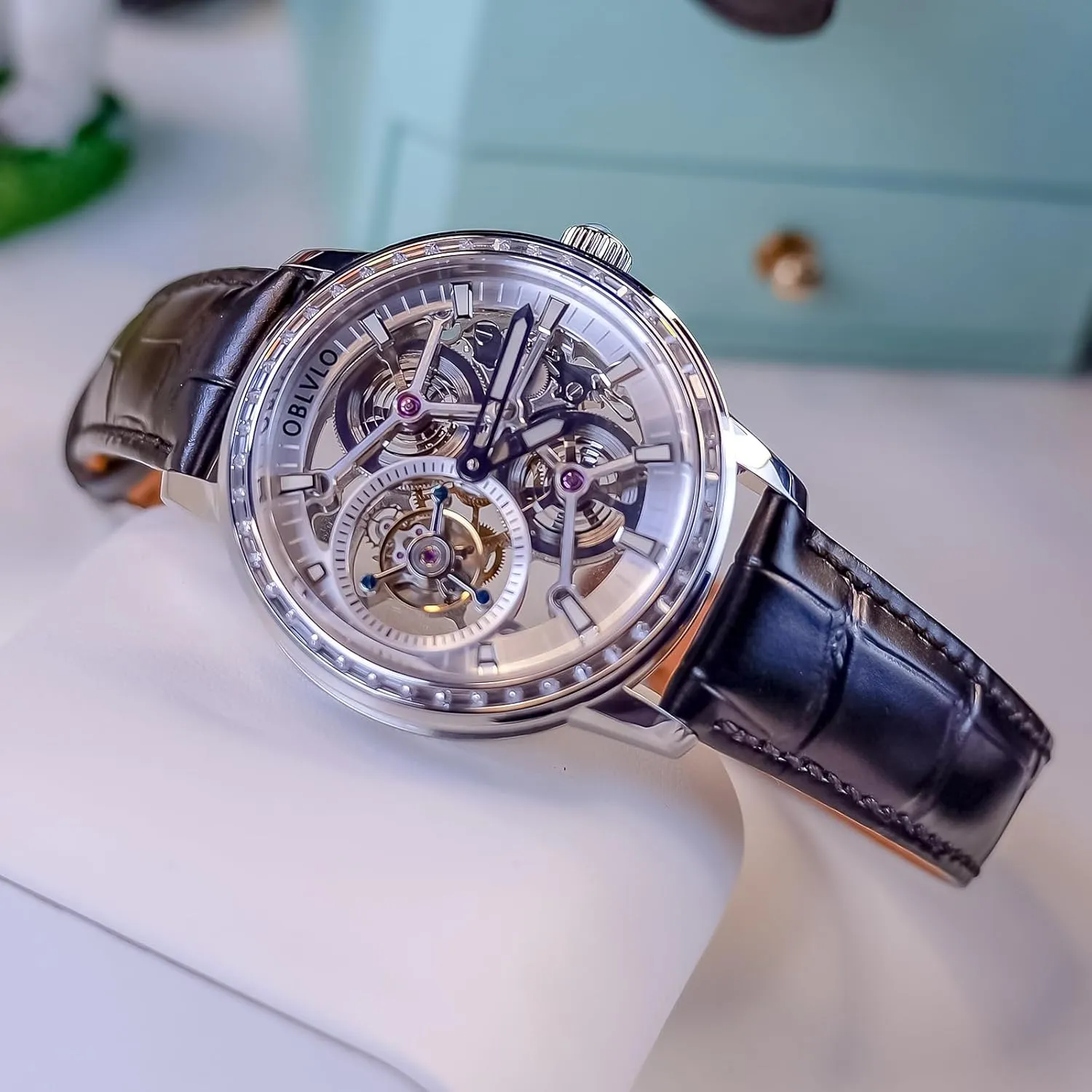 Bezel, Mechanical Movement Luxury Skeleton Tourbllion Watch, Rose Gold rarefy Thailand Case, Brown Leather Band, Crystal 