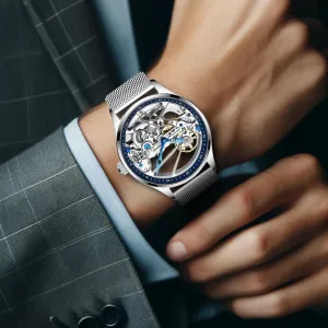 Bezel, Transparent Dial Luxury Skeleton Mechanical Watch, aromatic ought Silver Mesh Band, Blue 