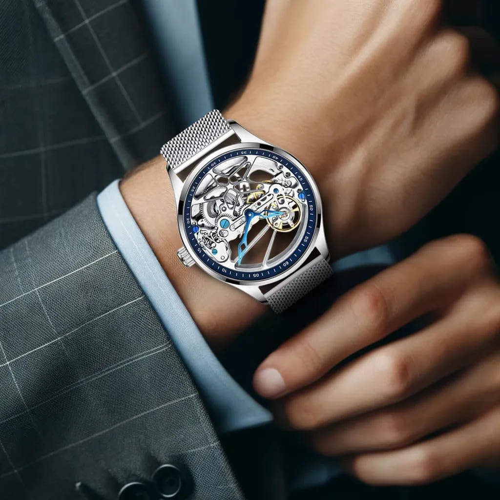 Bezel, Transparent Dial Luxury Skeleton Mechanical Watch, aromatic ought Silver Mesh Band, Blue 