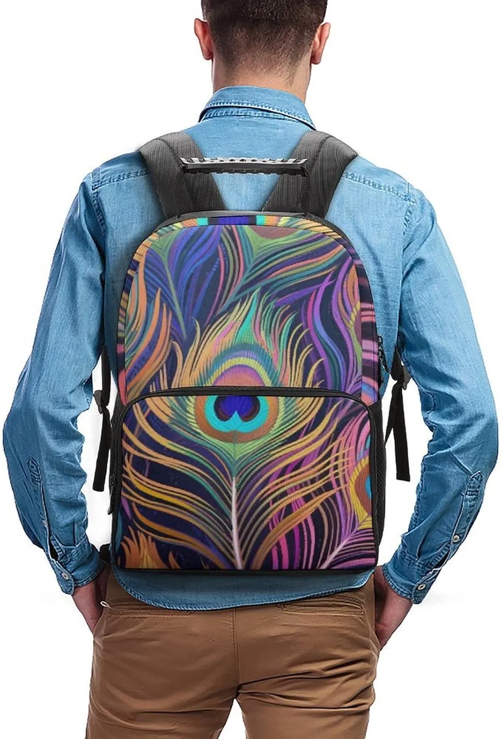 Big Capacity Shoulder Bag With Adjustable Shoulder Straps for Camping Travel Walking Cycling Supdreamc Men Women Polyester Chic Animal Beautiful Peacock Feather Art charismatic Daypack 