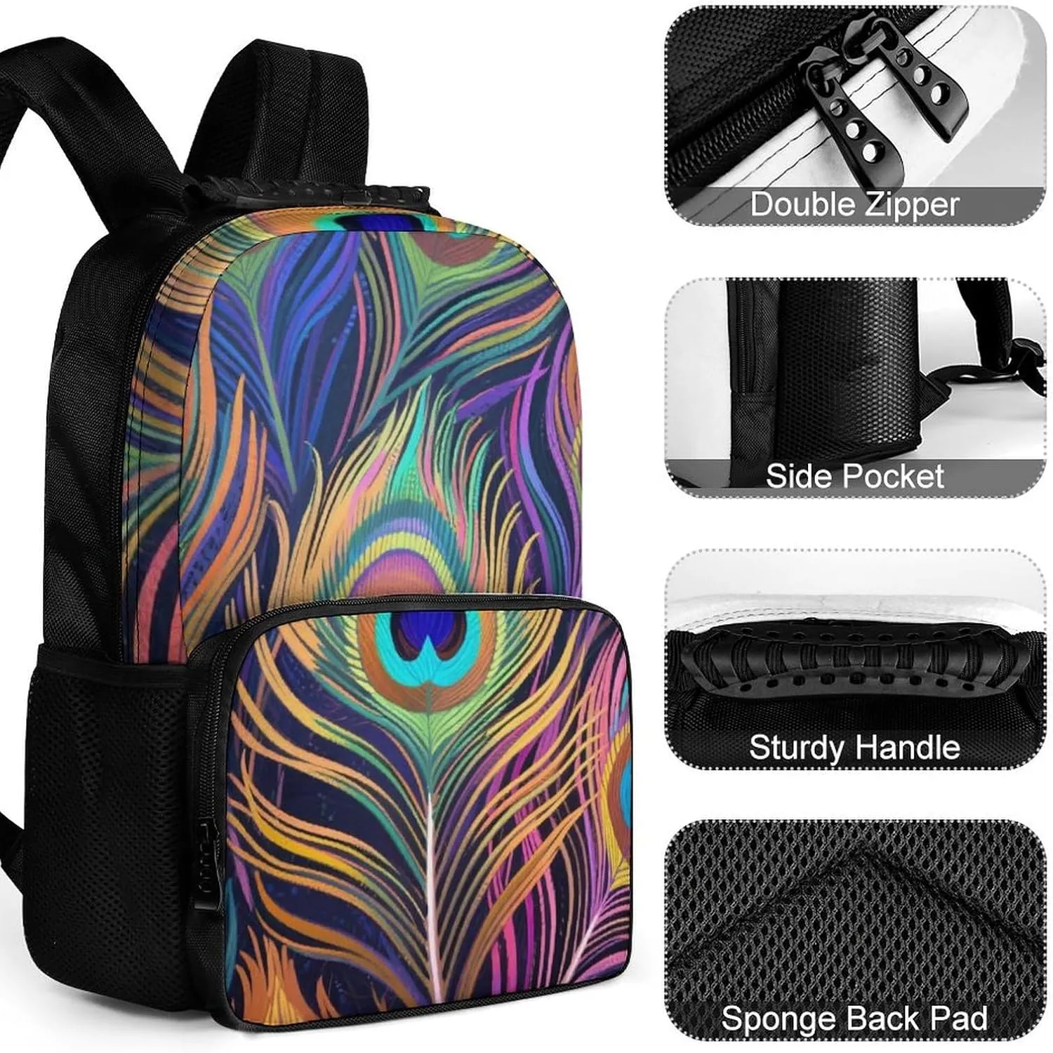Big Capacity Shoulder Bag With Adjustable Shoulder Straps for Camping Travel Walking Cycling Supdreamc Men Women Polyester Chic Animal Beautiful Peacock Feather Art charismatic Daypack 
