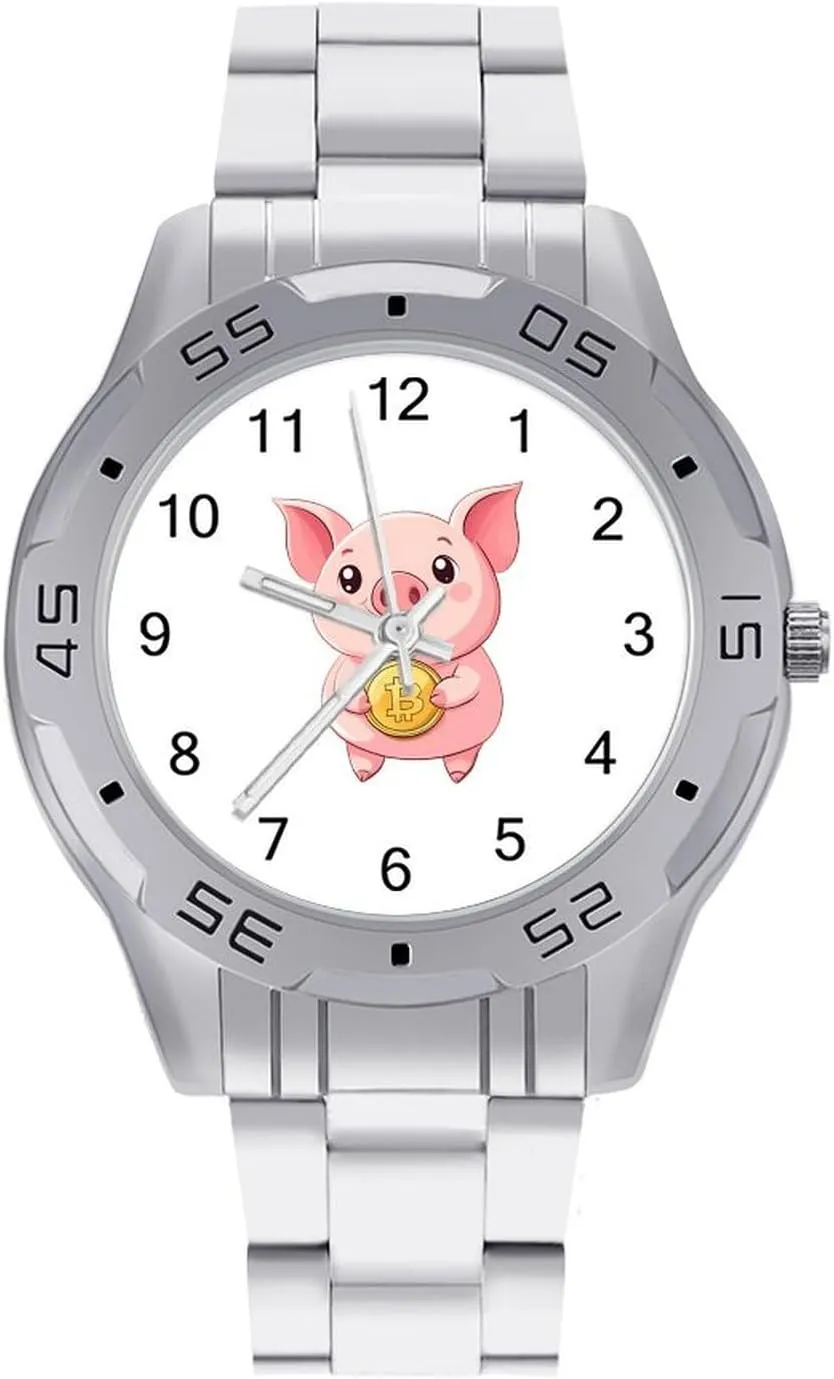 Big Face Dress Watch Easy to Read Cute revolutionary numerous vagueness audience Pig Holding Bitcoin Simple Wrist Watches for Men Silver Casual 