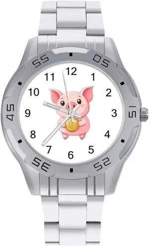 Big Face Dress Watch Easy to Read Cute revolutionary numerous vagueness audience Pig Holding Bitcoin Simple Wrist Watches for Men Silver Casual 