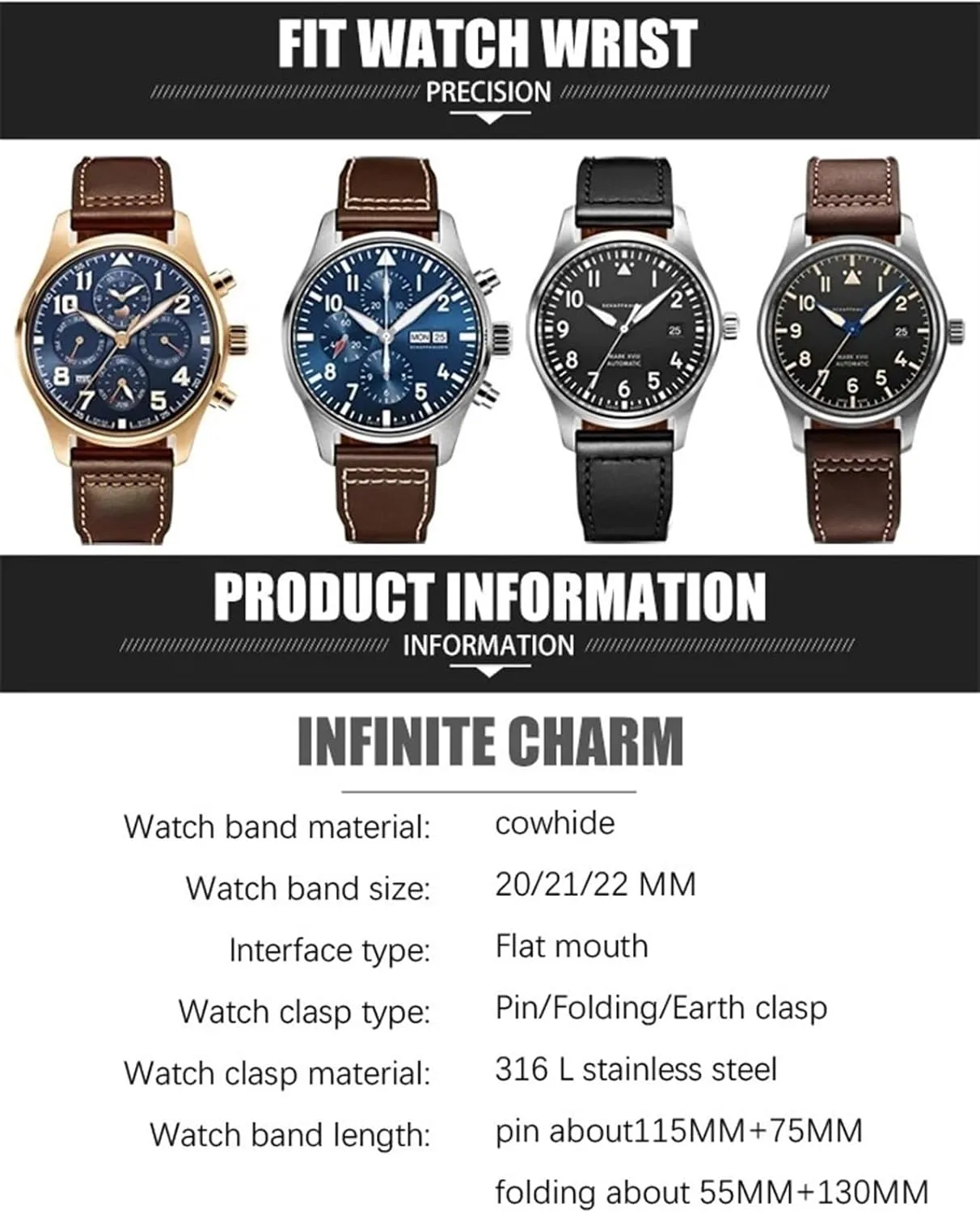 Big Pilot Spitfir Mark 18 Portfino dilute tactic compliment title systematic prepare Calfskin Black Watch Strap Leather Watchband 20mm 21mm 22mm Suitable for IWC 