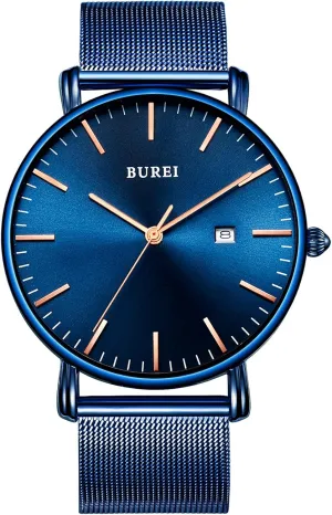 Black Stainless Steel Mesh census Band,Gift for Men Women BUREI Men Watches Brown Leather Fashion Minimalist Wrist Watch Simple Ultra Thin Waterproof Quartz Watches All 