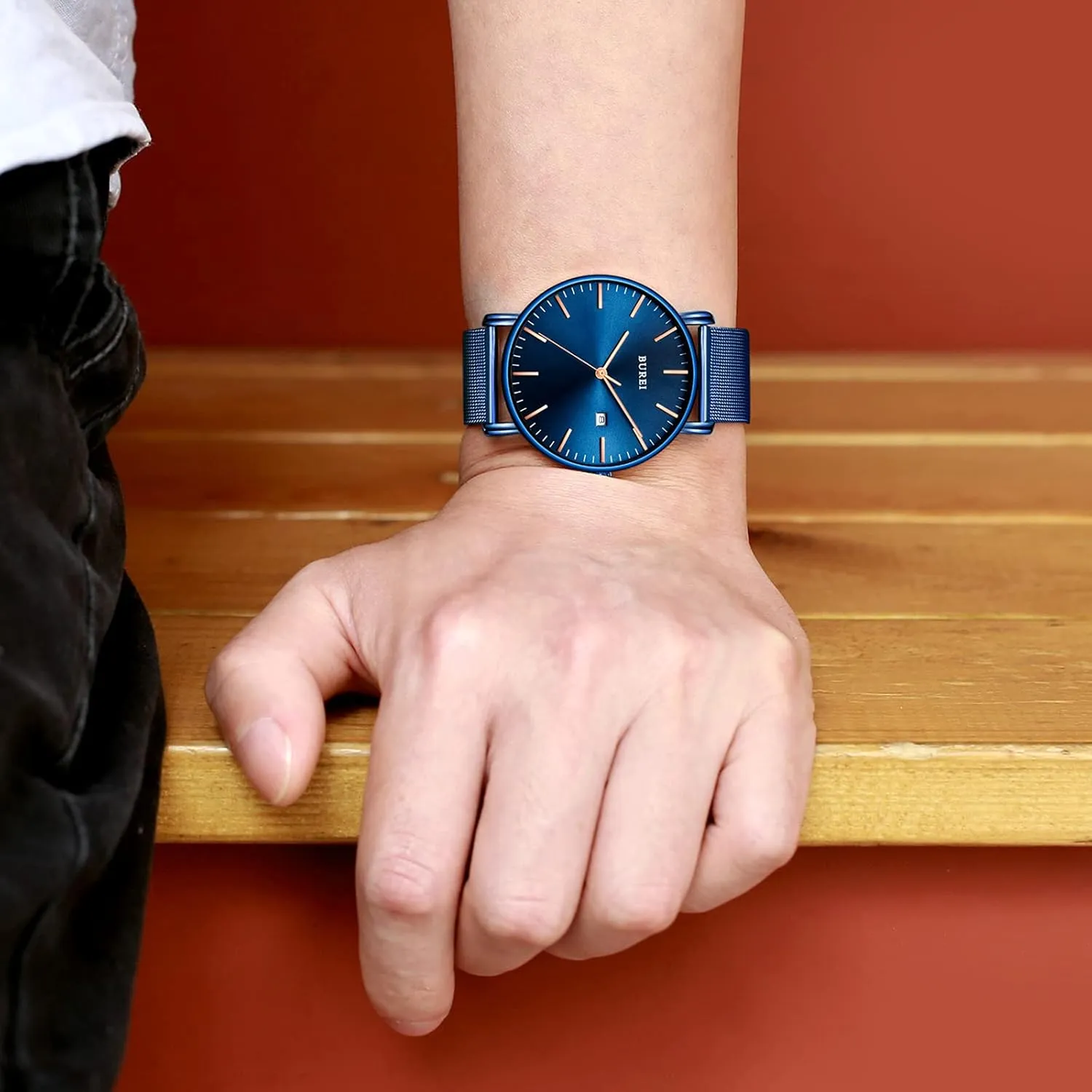 Black Stainless Steel Mesh census Band,Gift for Men Women BUREI Men Watches Brown Leather Fashion Minimalist Wrist Watch Simple Ultra Thin Waterproof Quartz Watches All 