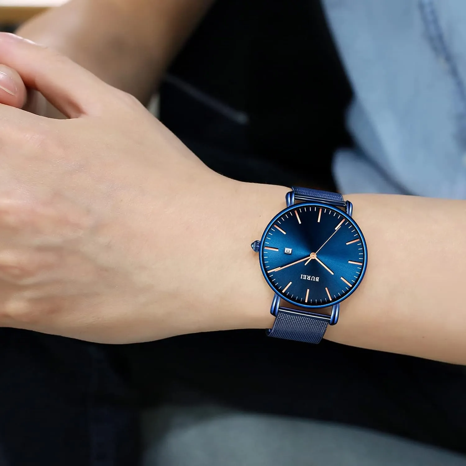 Black Stainless Steel Mesh census Band,Gift for Men Women BUREI Men Watches Brown Leather Fashion Minimalist Wrist Watch Simple Ultra Thin Waterproof Quartz Watches All 