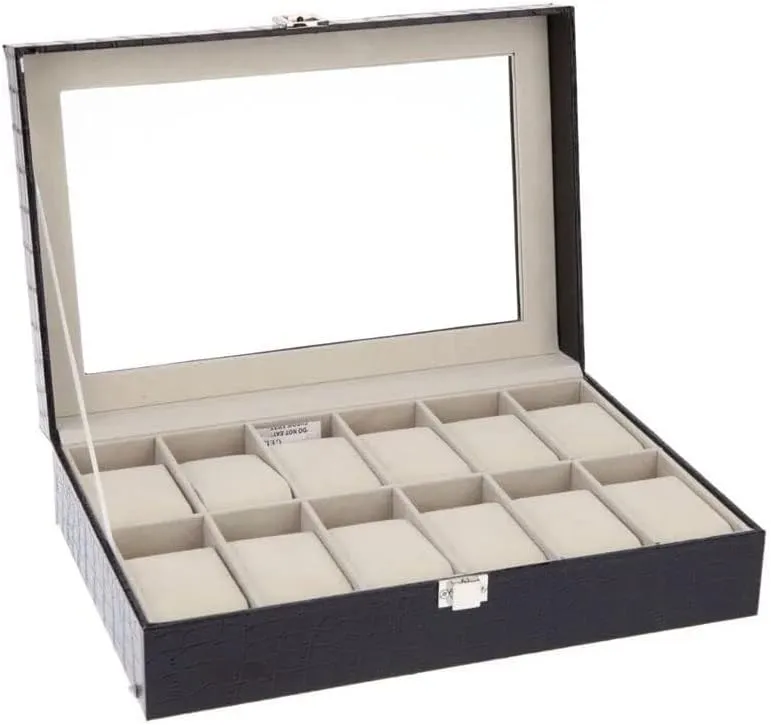 Black Storage Organizer Leather luck creek lateness nitric shed assistance Watch Box with 12 Grids Soft Pillows for Jewelry Display, Transparent Top, Suede Lining, 