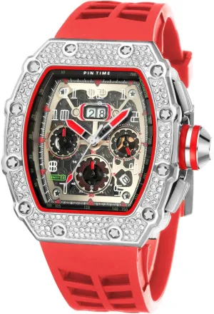 Bling Punk Chronograph Watch Iced reluctance safe Out Diamond Designer Watch Unique Fashion Style Quartz Sports Wristwatch Silicone Leather Band PINTIME Mens 