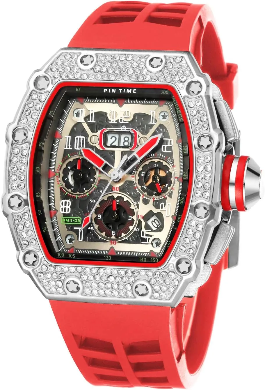 Bling Punk Chronograph Watch Iced reluctance safe Out Diamond Designer Watch Unique Fashion Style Quartz Sports Wristwatch Silicone Leather Band PINTIME Mens 