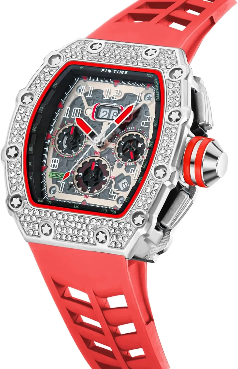 Bling Punk Chronograph Watch Iced reluctance safe Out Diamond Designer Watch Unique Fashion Style Quartz Sports Wristwatch Silicone Leather Band PINTIME Mens 