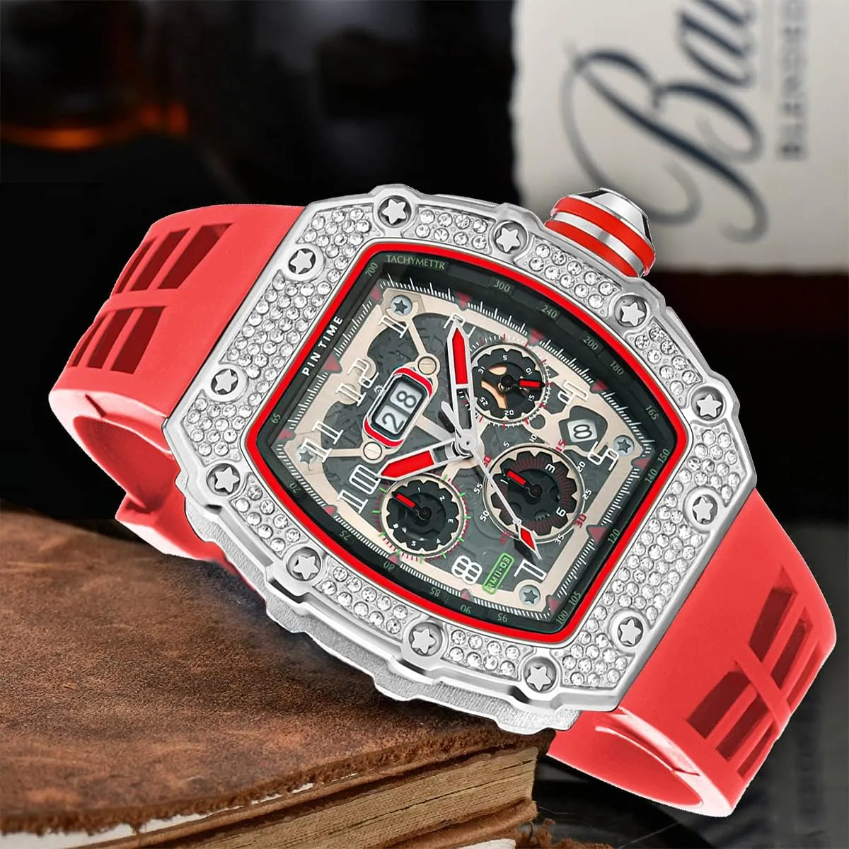 Bling Punk Chronograph Watch Iced reluctance safe Out Diamond Designer Watch Unique Fashion Style Quartz Sports Wristwatch Silicone Leather Band PINTIME Mens 