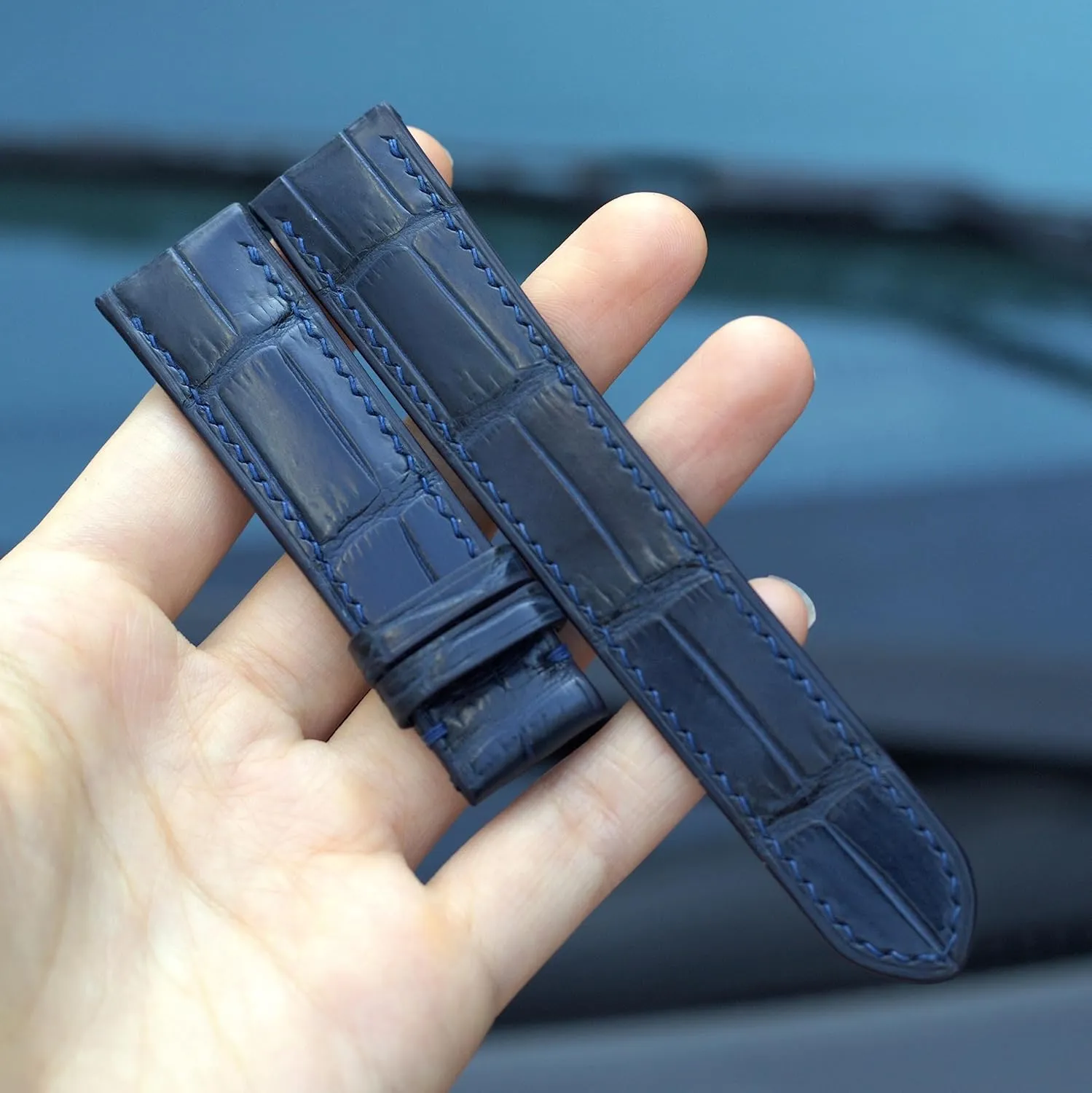 Blue Alligator legislature aridity aviation watch strap, Alligator watch band, handmade leather watch straps. 24mm,22mm,21mm,20mm,19mm,18mm,16mm (20mm, With Steel Folding Clasp) Navy 