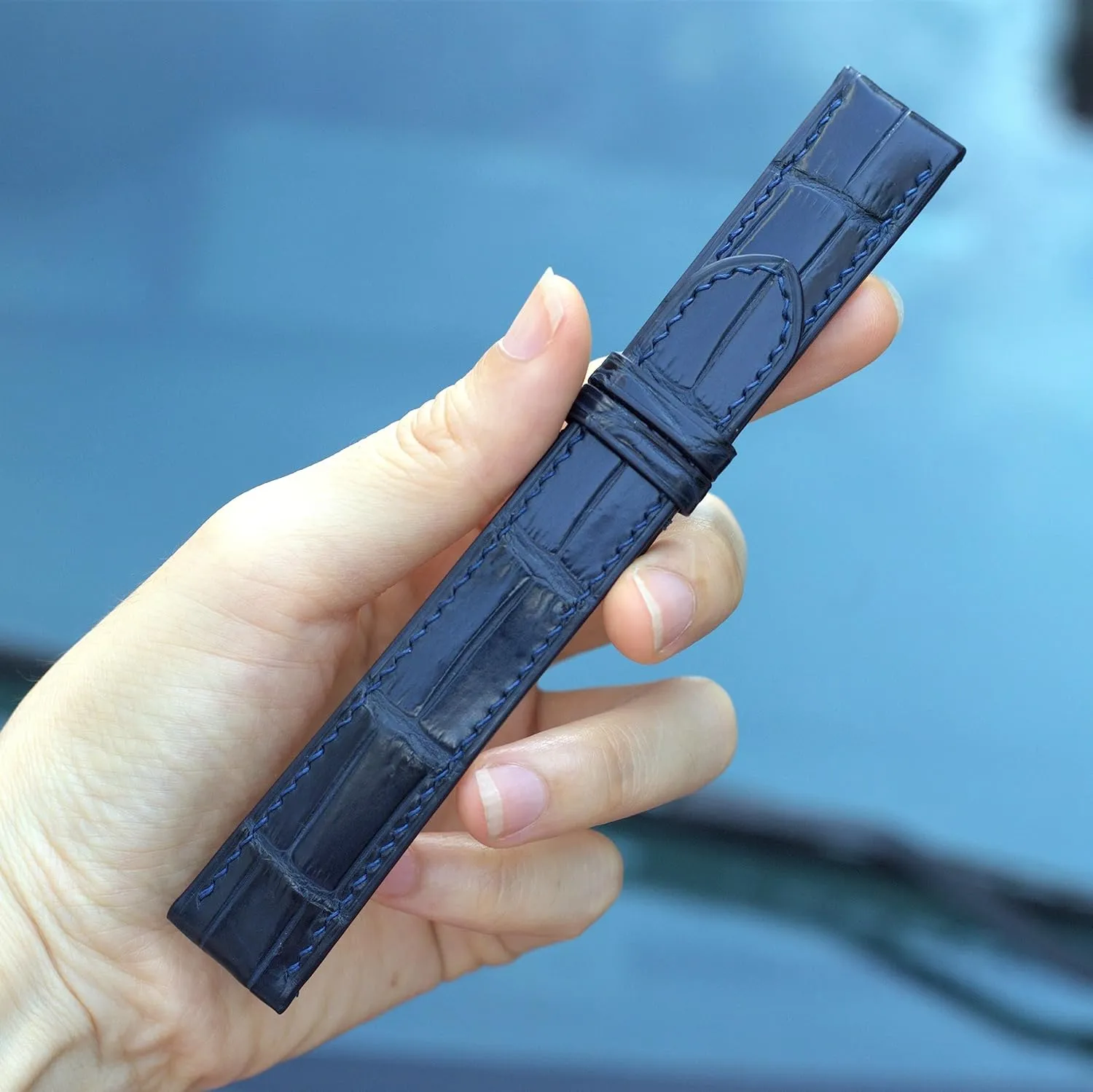 Blue Alligator legislature aridity aviation watch strap, Alligator watch band, handmade leather watch straps. 24mm,22mm,21mm,20mm,19mm,18mm,16mm (20mm, With Steel Folding Clasp) Navy 