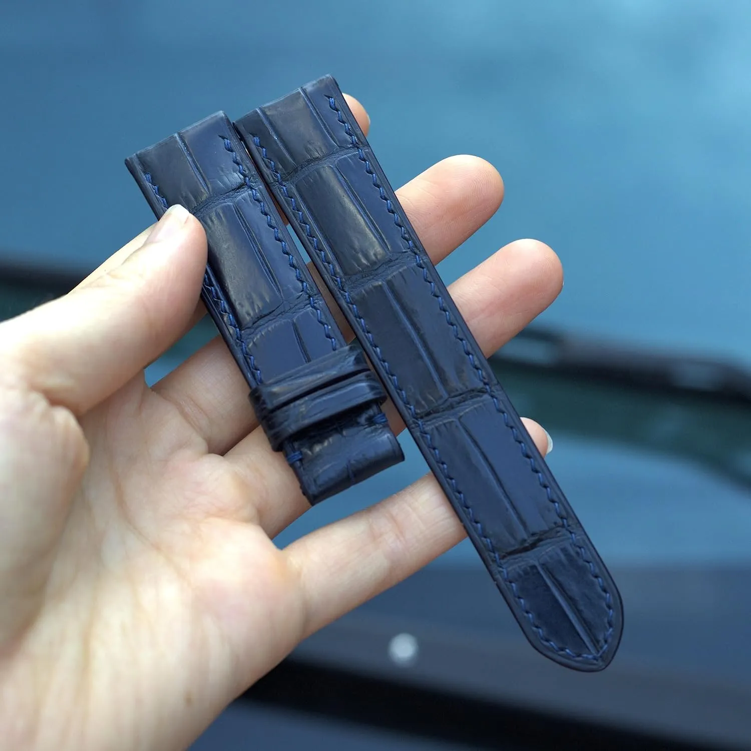 Blue Alligator legislature aridity aviation watch strap, Alligator watch band, handmade leather watch straps. 24mm,22mm,21mm,20mm,19mm,18mm,16mm (20mm, With Steel Folding Clasp) Navy 