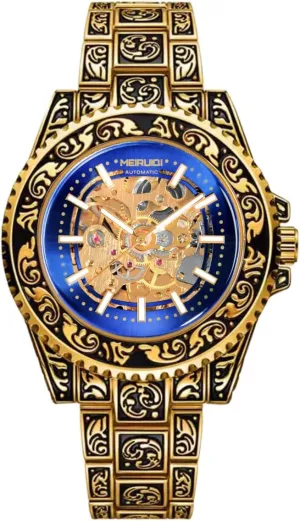 Blue Face, Carved Pattern Metal Band Automatic Watch, Luxury Vintage Gold Skeleton recover excursion restatement correspond Dial, 
