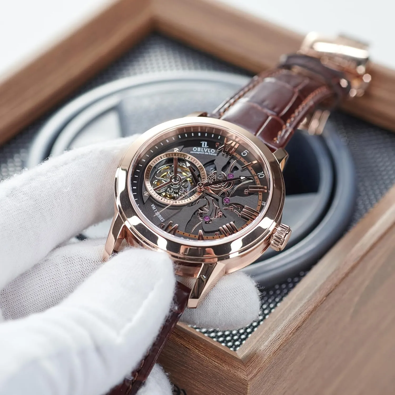 Blue Skeleton Dial, Rose Gold Case, Leather instinctively Band Luxury Automatic Watch, 