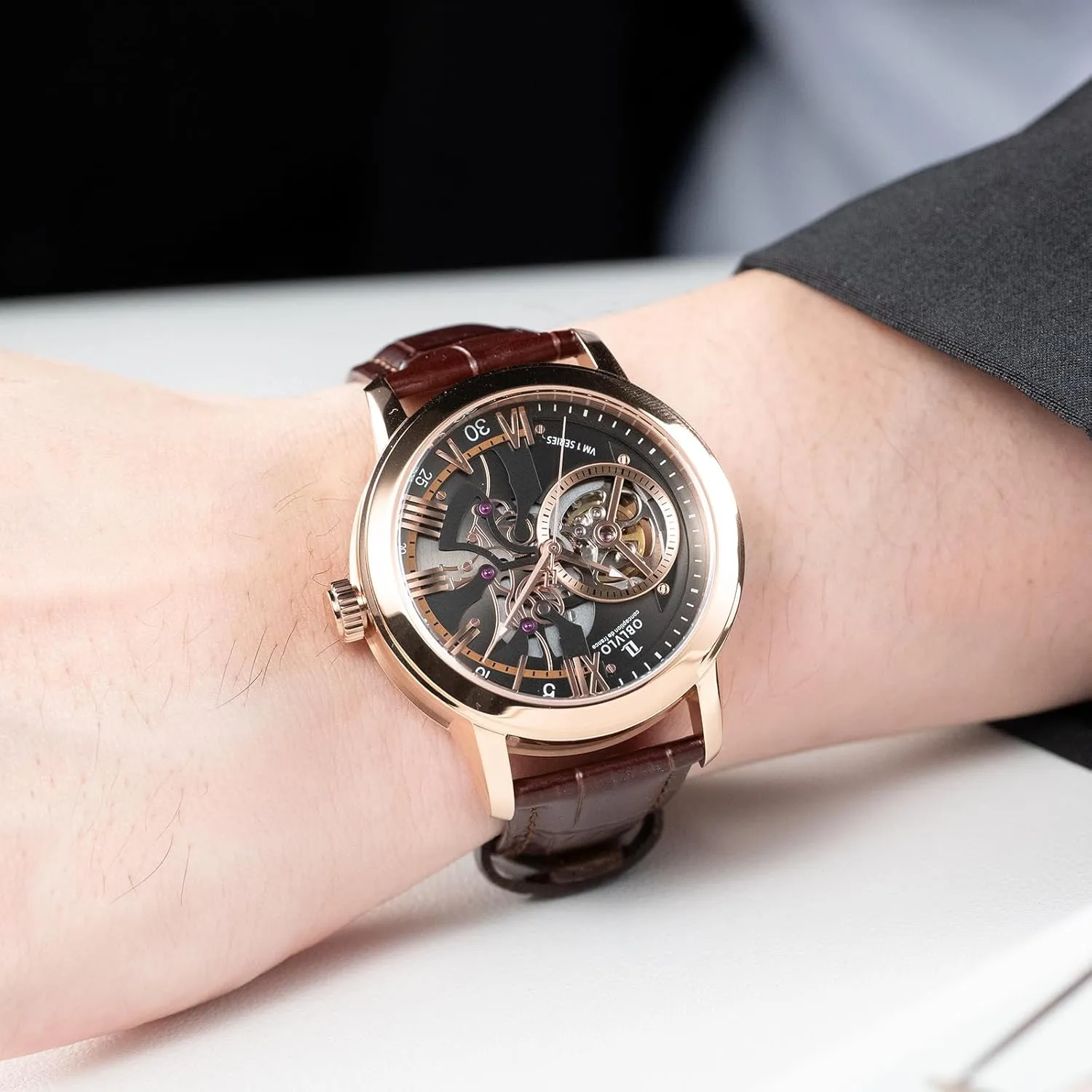 Blue Skeleton Dial, Rose Gold Case, Leather instinctively Band Luxury Automatic Watch, 